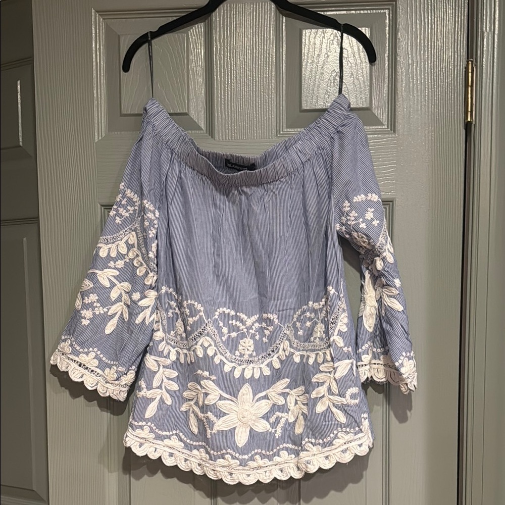 Blank NYC White and Blue Off-Shoulder Embellished Blouse